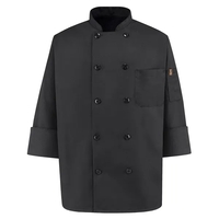 Double-breasted black chef coat with ten pearl buttons and soil-release...