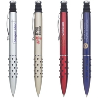 Plunge action brass ballpoint pen with rubber dot grip and chrome... from ASI...