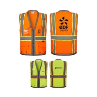 Surveyor's vest with a tablet pocket, reflective tape, and front zipper......