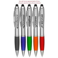 Twist-action ballpoint pen with colored rubber grip and stylus tip.... from...