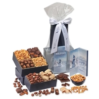 Silver & navy tower with nuts, chocolates, and a greeting card... from ASI...