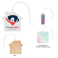 4" wooden bag tag with full-color, edge-to-edge graphics and PVC spaghetti......