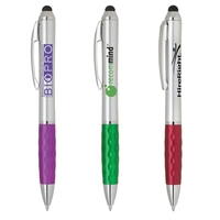 Twist-action plastic stylus pen with silver barrel and bold color...