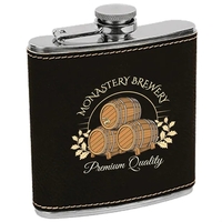 6 oz. stainless steel flask with black leatherette and laser engraving;......