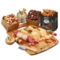Shelf-stable cheese & gourmet snacks on a bamboo board-firebranded with...