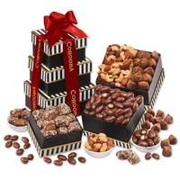Black & white tower filled with chocolates, cookies, and other treats.......