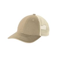 Distressed vintage-style mesh back cap with breathable comfort and snapback...