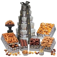 Six snowflake boxes filled with gourmet treats, tied with custom...