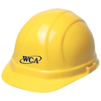 Yellow hard hat, six point ratchet suspension