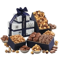 Sparkling snowflake boxes filled with sweet & salty treats, tied with... from...