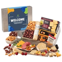 Holiday party gift box with cheese, sausage & treats. Custom full-color......