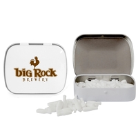 Customizable domed tin filled with bottle shaped, sugar-free mints; includes...