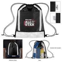 Drawstring backpack with reflective strip accents and large zippered...