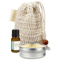 Self-care set includes a loofah bag, essential oil, and candle tin... from...