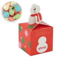 Cube-shaped box with a snowman topper filled with gummy ornaments... from ASI...