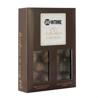 Treat box with chocolate & caramel popcorn and dark chocolate caramel... from...