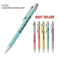 Pastel colored pen with soft touch barrel, silver accents, clip-action...
