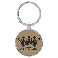 1 1/2" x 1 1/2" light brown PU leatherette/metal round keychain... from ASI...