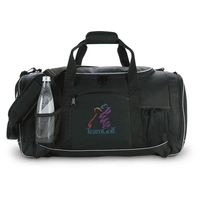 Duffel bag with ventilated shoe section, numerous pockets, woven handles...
