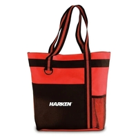 Polyester tote bag with large front pocket, mesh bottle pocket, and... from...