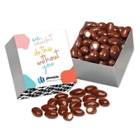 silver gift box with full color band filled with milk chocolate... from ASI...