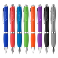 Plunger-action ballpoint pen with bold, curvy, plastic barrel, shiny chrome...