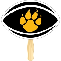 Football shaped rally hand fan, attached to a wooden handle.... from ASI...