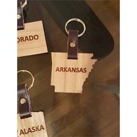 2" Arkansas shaped hardwood keychains with laser engraving; USA-made...