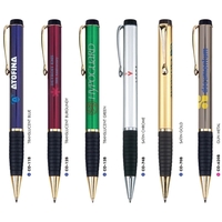 Brass twist-action ballpoint pen with a rubber striped grip and gold... from...
