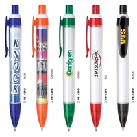 Plastic click-action pen with a clear wide barrel and full color... from ASI...