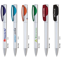 Plastic click-action pen with a silver barrel and color trims available......
