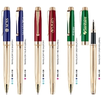 Metal twist-action ballpoint pen with polished gold textured lines and a......