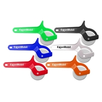 Compact pizza cutter with ergonomic handle and plastic wheel. Gentle on......