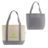 Eco-friendly recycled cotton tote with front pocket and wide handles....