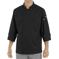 Black traditional chef coat, double breasted with eight black pearl...