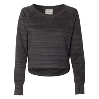 Women's striped polyester fleece crewneck sweatshirt with a high front hem......