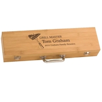 Three-piece stainless steel and bamboo BBQ set with spatula, tongs and......