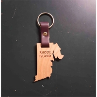 2" Rhode Island shaped hardwood keychains with laser engraving; USA-made...
