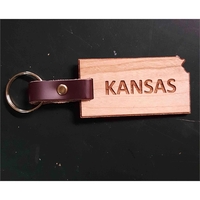 2" Kansas shaped hardwood keychains with laser engraving; USA-made...