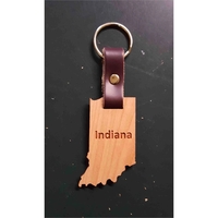 2" Indiana shaped hardwood keychains with laser engraving; USA-made...
