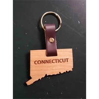 2" Connecticut shaped hardwood keychains with laser engraving; USA-made...