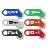 Travel-friendly dual tool features a plastic wheel and metal bottle...