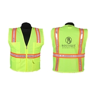Green safety vest, solid polyester, 6 pockets total with stripes, screen......