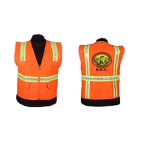 Orange safety vest, solid 100% polyester, 6 pockets total with stripes,......