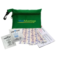 Brightly colored polyester first aid zip bag with hang clip. Convenient,......