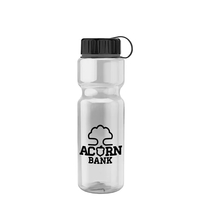 Transparent bottle with a tethered lid, 28 oz. size, reusable and... from ASI...