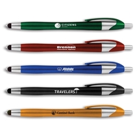 Colorful, curvy plastic stylus/ballpoint pen with silver trim.... from ASI...