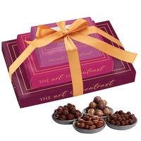 Box of chocolate-covered cashews, popcorn, & caramels and an assortment of......