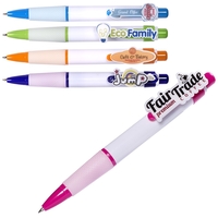 Click-action pen made from ABS plastic with custom laser-cut acrylic logo......