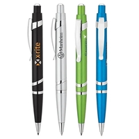 Plunger action ballpoint pen with metallic finish, spiral silver accent...